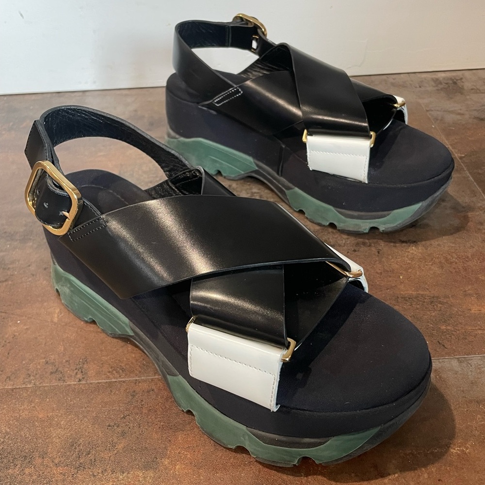 Marni Fussbett Leather Sneaker Sandals Black Green and White